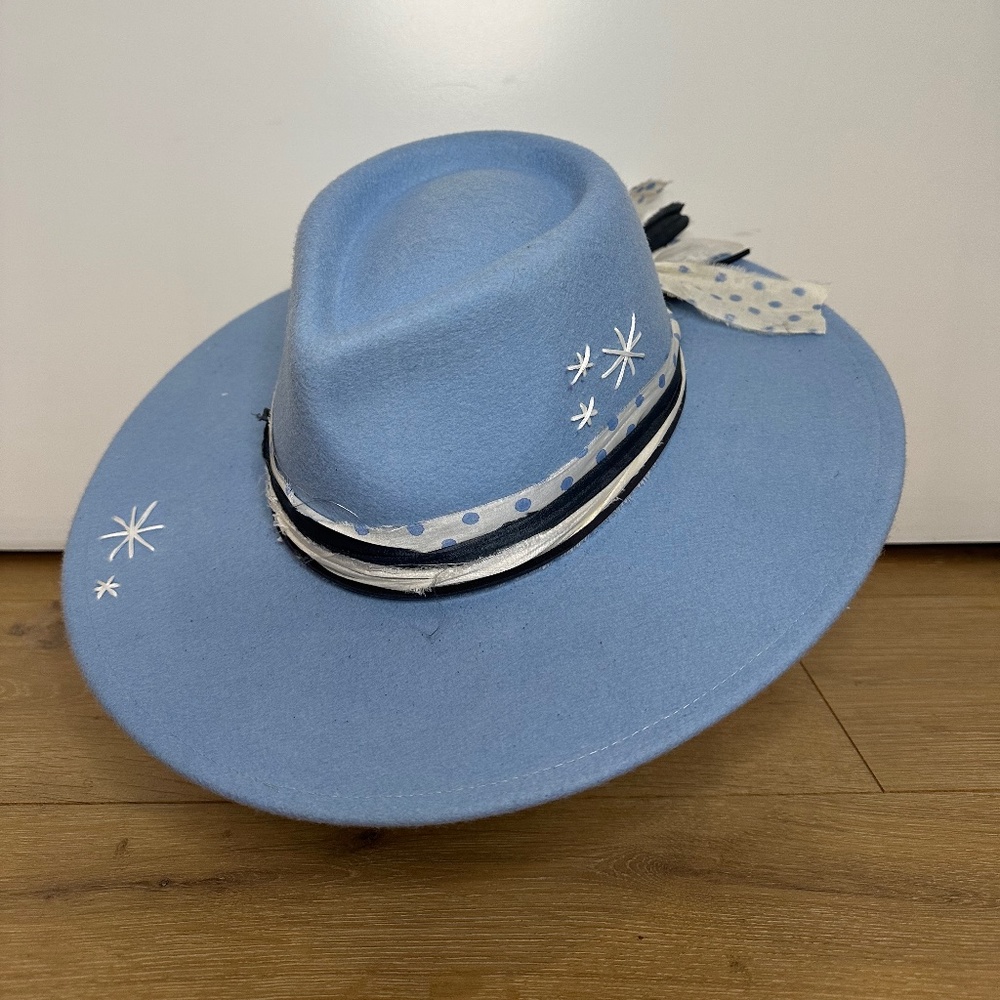 Blue wool wide brim fedora hat